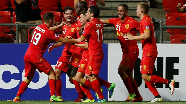 Adelaide United celebrate scoring against Jeju United in the ACL on Wednesday night.