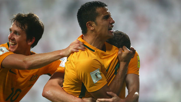 Caltex Socceroos striker Tim Cahill celebrates scoring against the UAE in a WCQ in September 2016.