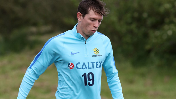 Craig Goodwin on the ball during a Socceroos training session.